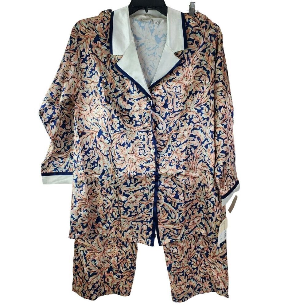 NWT Vintage Appel‎ Womens Floral Satin Sleepwear Pajamas Blue Pink Button
